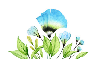 Watercolor composition with big anemone and snowdrops. Abstract floral border with blue transparent flowers and leaves. Hand painted illustration for spring banners