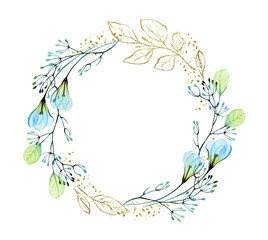 Fototapeta na wymiar Watercolor wreath with golden glitter and blue florals. Abstract banner with flowers and foil with place for text. Botanical floral background for modern logo, boho cards and invitations