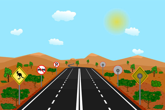 Australian road with kangaroos traffic sign, red landscape and blue sky. Outback in Australia with gum trees and highway running through the desert towards distant mountains. Stock vector illustration