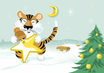 Happy New Year 2022. Cartoon cute happy tiger with star and month on the background of the winter forest in the old style. Illustration for postcard, banner.