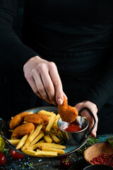 French fries and chicken nuggets with sauce on a metal plate, on rustic wooden background. Fast food concept.