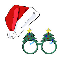 A set of Christmas accessories. Santa Claus hat and glasses with Christmas trees. - 474172444