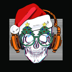 A skull in a Christmas hat and glasses with Christmas trees. - 474172624