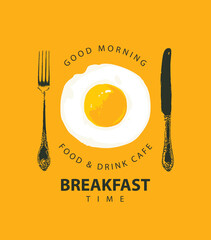 Vector banner on the theme of breakfast time with delicious scrambled eggs, a beautiful old fork and knife on a yellow background. Morning food and drink menu for cafe or restaurant