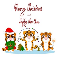 Cute, funny tiger cubs on the postcard will wish you a Merry Christmas and Happy New Year.  Tigers with Bengal fire, gift, garland and congratulations on 2022.