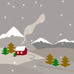 Illustration of a house in the forest against the background of snow-capped mountain peaks. A path between the trees to the house with footprints. Snowfall.