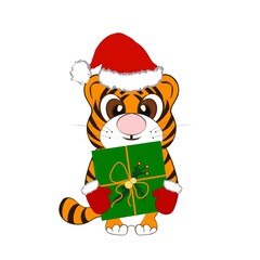 A tiger in a Santa Claus costume with a gift as a symbol of 2022. Cute orange striped cat in mittens and a hat. Suitable for printing on a Christmas card, craft paper, for decoration.