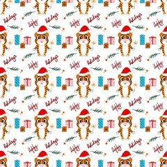 Christmas pattern with tiger. On a white background the inscription have a happy holiday, gifts, sparkler, spruce twigs. Perfect for textile, wrapping paper, greeting cards. 