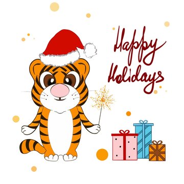 New year illustration with tiger and text happy holidays. Raster image with a New Year's cartoon animal in a Santa Claus hat with gifts. Hand drawn illustration for posters, cards, t-shirts.
