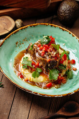 Gourmet stewed lamb ribs with mashed potato dish