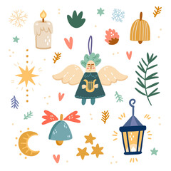 Illustration set of Christmas items and symbols. Objects are isolated on a white background.
