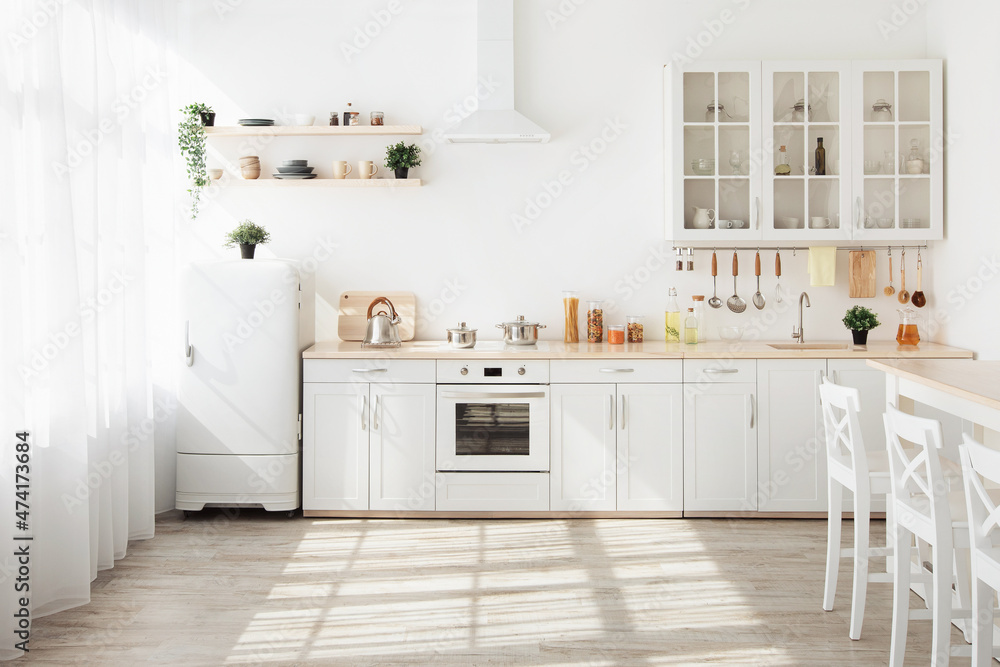 Wall mural kitchen with light walls, white furniture and small refrigerator in dining room scandinavian design