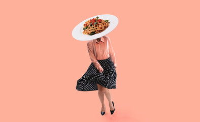 Contemporary art collage. Young girl in attire of 70s, 80s fashion style with plate of noodles...
