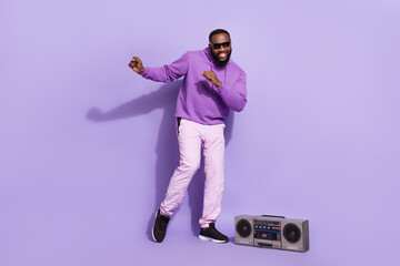 Full length body size view of attractive cheerful carefree guy dj dancing having fun rest isolated...