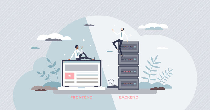 Frontend vs backend programming sides for website tiny person concept. Final landing page tech compared to database, server or hosting platform technology vector illustration. Programmer hardware.