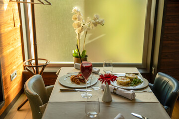 Breakfast served on a restaurant table