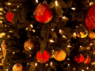 Christmas ornaments and American flag. Concept map. Double exposure creative hologram