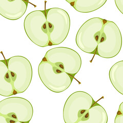 Slices of green apples seamless pattern. Food background. Vector illustration of fruits in cartoon flat style.