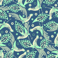 Paisley vector seamless.  Damask style fabric illustration with Birds