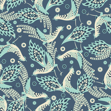 Paisley vector seamless. Damask style fabric illustration with Birds © antalogiya