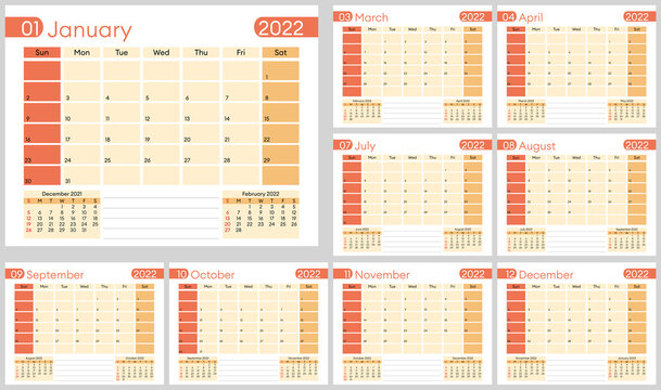 Calendar 2022. English planner template. The week starts on Sunday. vector calendar design with 12 months
