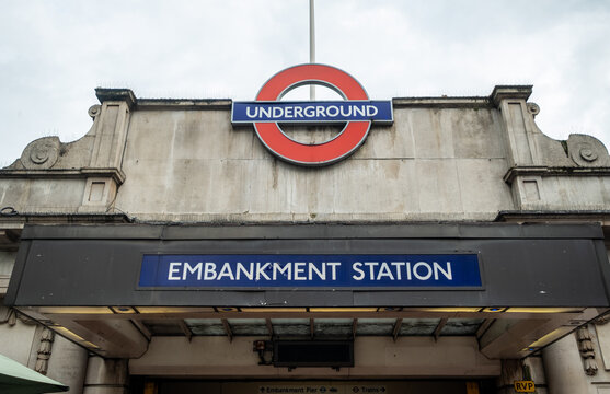 London- Embankment Station exterior signage. A London underground station on the district line