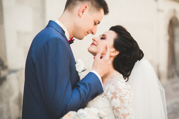 Fototapeta premium Luxury married wedding couple, bride and groom posing in old city