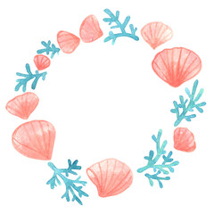 Seashell with coral and sand beach wreath watercolor for decoration on marine life, coastal living and ocean concept.