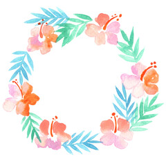 Fototapeta na wymiar Hibiscus and coconut palm leaves wreath watercolor for decoration on summer holiday theme.