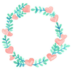 Fototapeta na wymiar Pink heart with fern leaves wreath watercolor for decoration on Vatentine's day and wedding event.