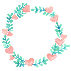 Fototapeta premium Pink heart with fern leaves wreath watercolor for decoration on Vatentine's day and wedding event.