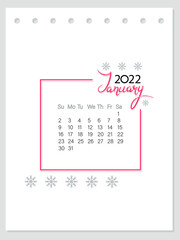 January month. Calendar 2022 year. Calender layout. Week starts Sunday. Vertical calendar page.