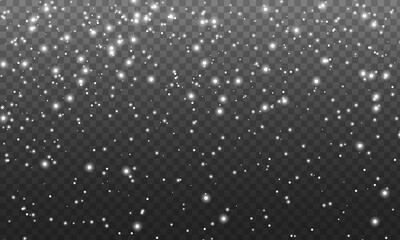 Realistic falling snow with snowflakes and clouds. Winter transparent background for Christmas or New Year card. Snow flakes, snow background. heavy snowfall, snowflakes in different shapes and forms.