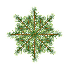 This snowflake is created of coniferous branches of a Christmas tree. Silhouette of a snowflake from needles in green on a white background isolated. 