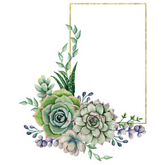Hand painted succulent rectangle frame, Watercolor polygonal floral frame, Gold glitter cactus frame, Botanic Geometry frame with succulents, Nature spring illustration for wedding, invitations