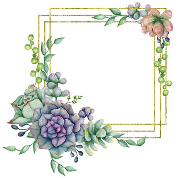 Gold glitter cactus frame, Watercolor polygonal floral frame, Hand painted succulent square frame, Botanic Geometry frame with succulents, Nature summer illustration for wedding, greeting, invitations