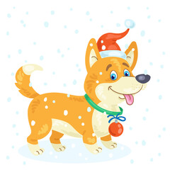 Funny corgi dog in a red Santa Claus hat with snowflakes. In cartoon style. Isolated on white background. Vector illustration.