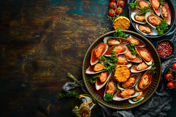 Cooked mussels with tomato sauce, garlic, parsley and lemon. Seafood. Free space for text. On a stone background.