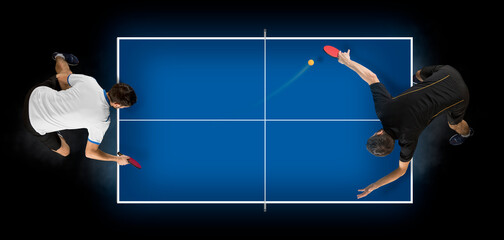 Two men playing ping pong. Top view - obrazy, fototapety, plakaty