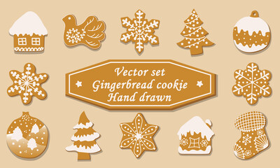 Set of vector illustrations on a pink background. Feast of Christmas. Gingerbread or gingerbread with white frosting 
