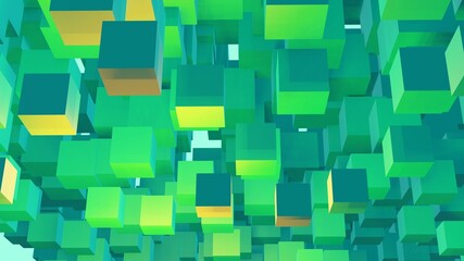 Artificial intelligence 3d render background. Abstract geometric figures template for tech company, business, covers, banners, media, illustrations. Big data green pixel blocks