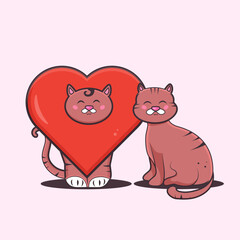 Two kittens are sitting side by side. Cat wearing a heart suit. Valentine's Day. Pink background. Celebration. Vector illustration.Animal. Pet.