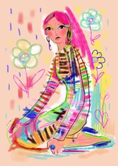 Fashion illustration digital art spring girl with flowers poster 