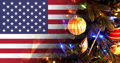 Christmas ornaments and American flag. Concept map. Double exposure creative hologram