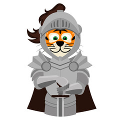 Tiger knight. Funny vector illustration in cartoon style.