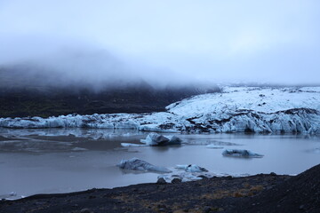 The Solheimajokull glacier in winter, Iceland