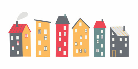 set with cute city houses in a flat style.