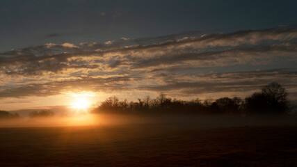 Sunbeams and fog at sunrise or sunset
