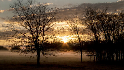 Winter sunrise with fog in the country