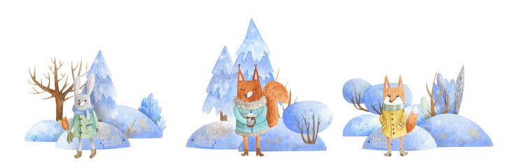Watercolor winter compositions with animals in a snowy forest. The fox walks through the forest, the rabbit is waiting for his beloved, and the squirrel is enjoying hot coffee. Suitable for any idea.